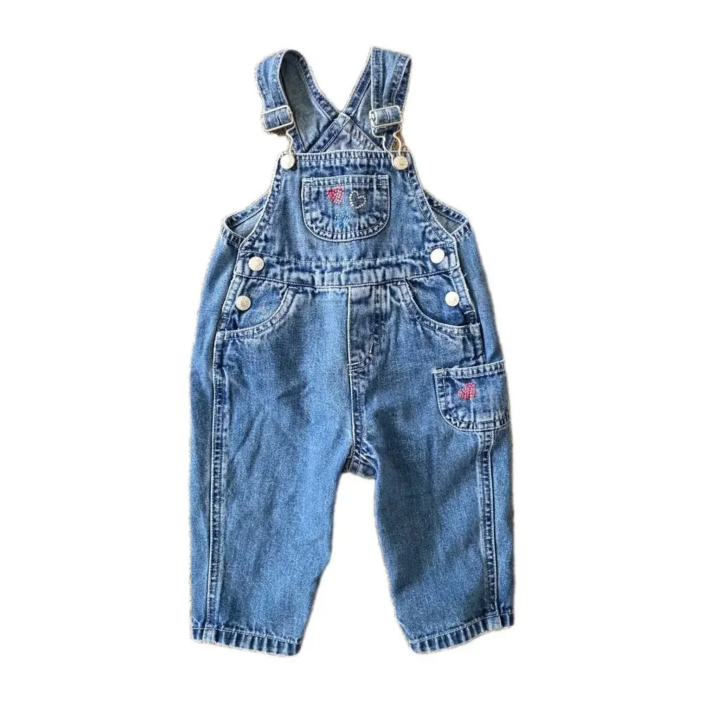 Vintage Y2K Childrens Place Denim Bib Overalls Size 6-9M Rhinestone Red Whit Blu